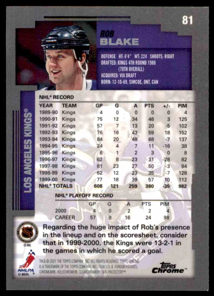2000-01 TOPPS CHROME ROB BLAKE #81 - Image 2 of 2