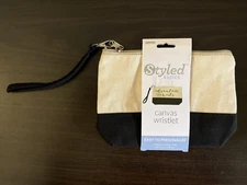 NWT Styled Basics Canvas Wristlet Beige Black Purse 5.8" x 9" (14.7cm X 22.8cm)