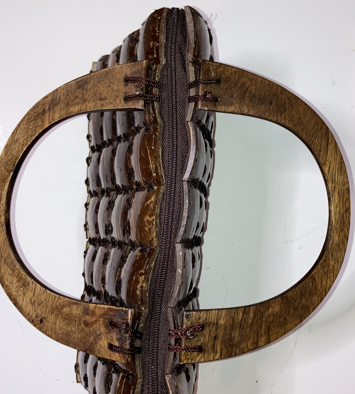 Handmade Coconut Shell Woven Patchwork Brown Zip … - image 9