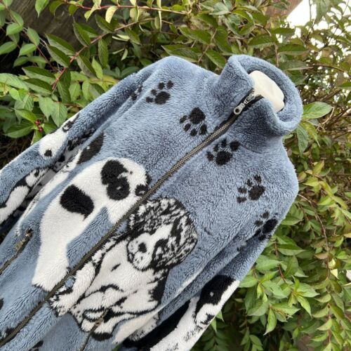 Vintage 90s Dog Printed Animal Paw Shaggy Fleece Jacket Coat Blue Graphic M - Picture 1 of 21