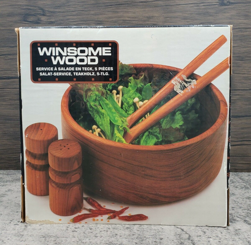 NIB Winsome Wood TEAK WOOD 5 Piece Salad Bowl Set Salt Pepper Shakers Utensils - Picture 11 of 12
