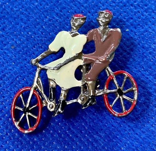 Vtg. Bicycle For Two Japanned Silver Tone & Enamel Decorated Pin Brooch  #53