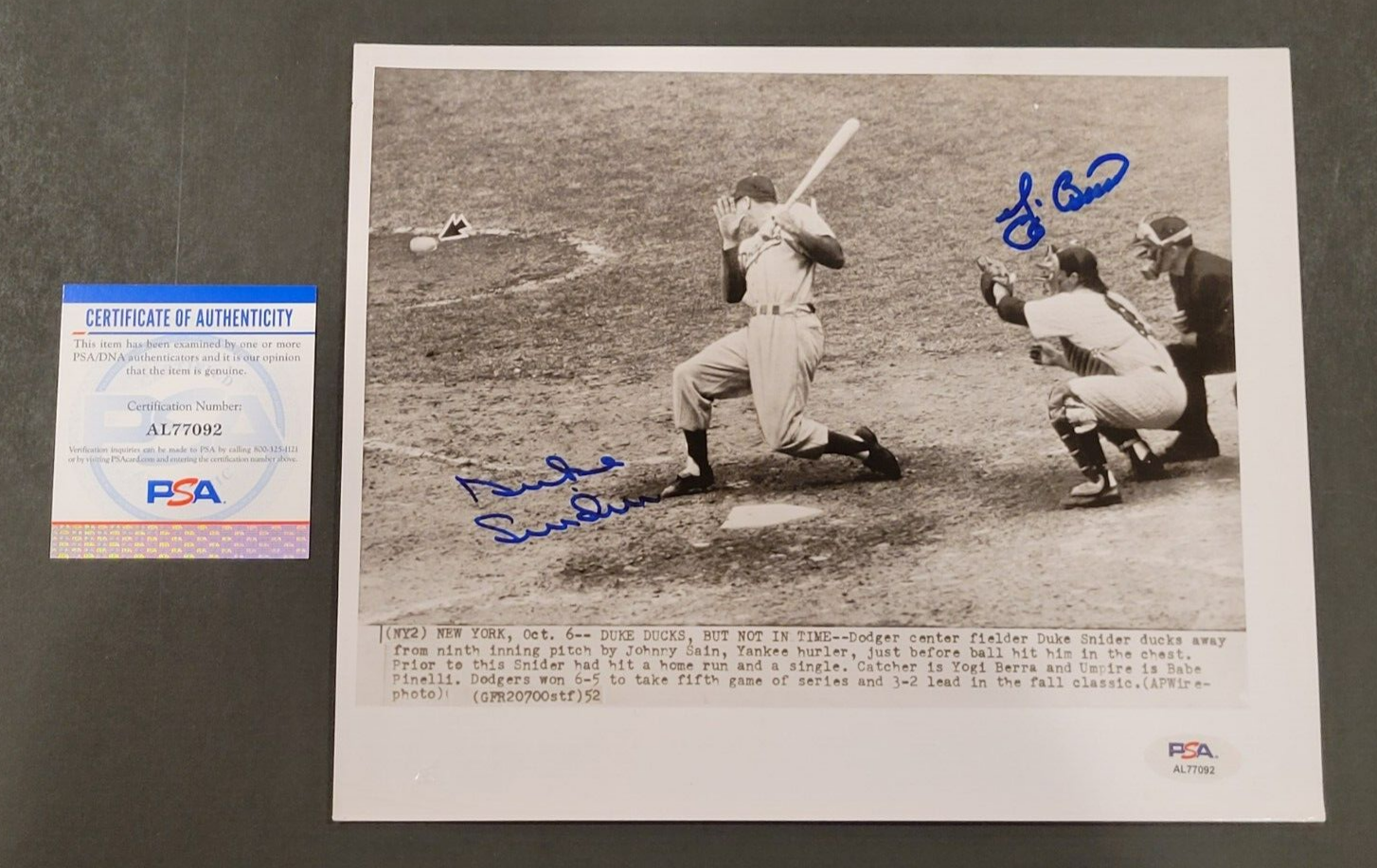 Yogi Berra Autographed Signed Amazing DUKE SNIDER and Wire Press Photo-YANKEES-DODGERS-PSA 
