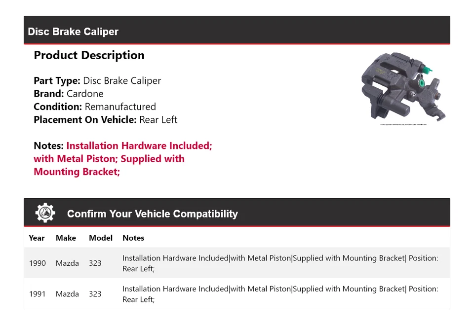 Pinza de freno de disco trasera izquierda cardona para Mazda 323 1990-1991 Foto 2 de 4