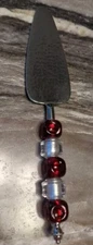 Holiday Pie Cake Server Red Clear Beaded Metal 7oz. Heavy Stainless Hammered