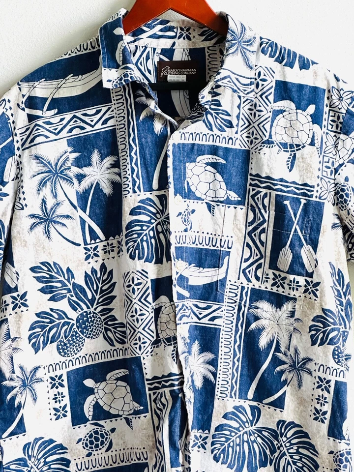 MAIKA'I 夏威夷服装 XL 蓝色和米色短袖纽扣露营衬衫 — 第 2/4 张图片