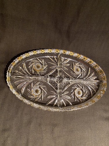 Vintage Walther Glas German Cut Glass "Komet" Divided Tray Gold Accent Pinwheel - Picture 3 of 13