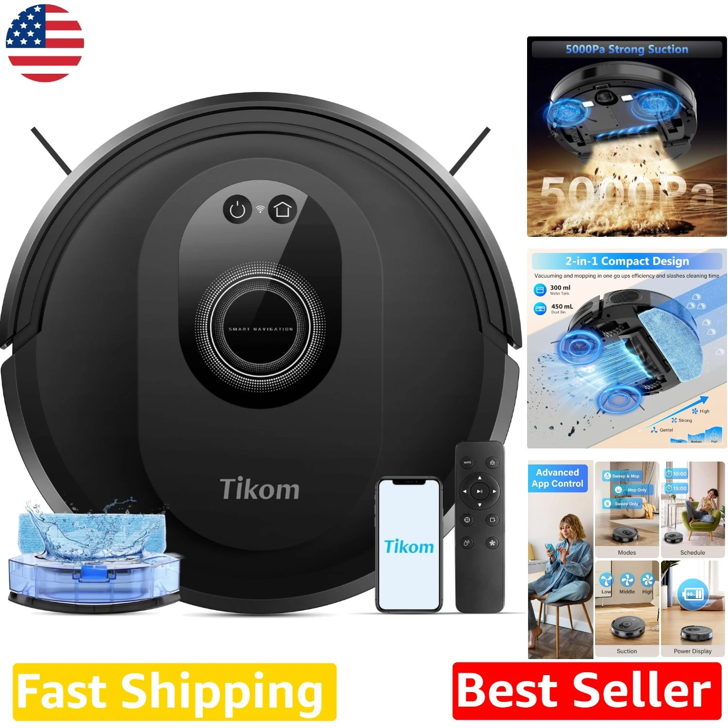 Robot Vacuum Mop Combo 5000Pa Powerful Suction App Control 150 Min Battery
