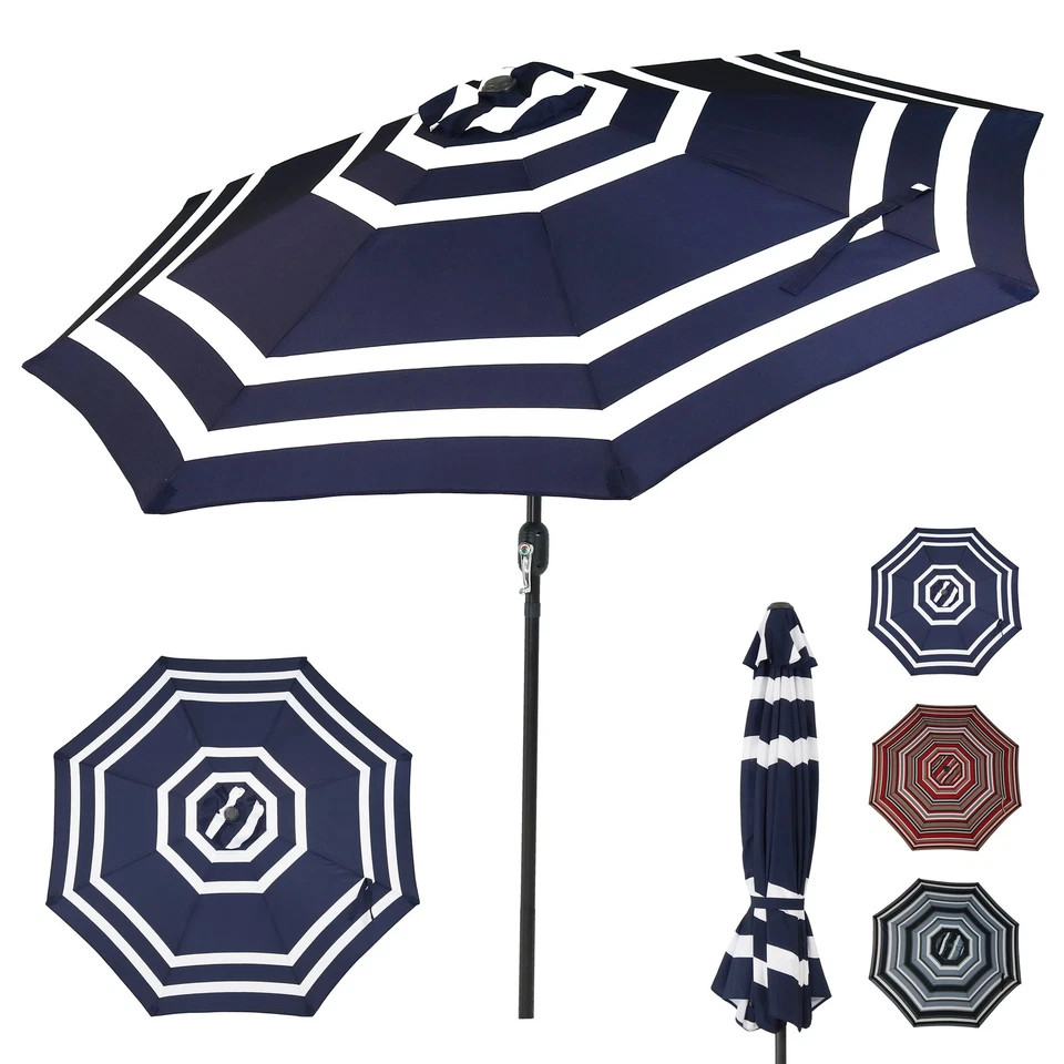 Paraguas de patio de aluminio de 9 pies con inclinación y manivela - Raya azul marino de Sunnydaze Foto 2 de 4
