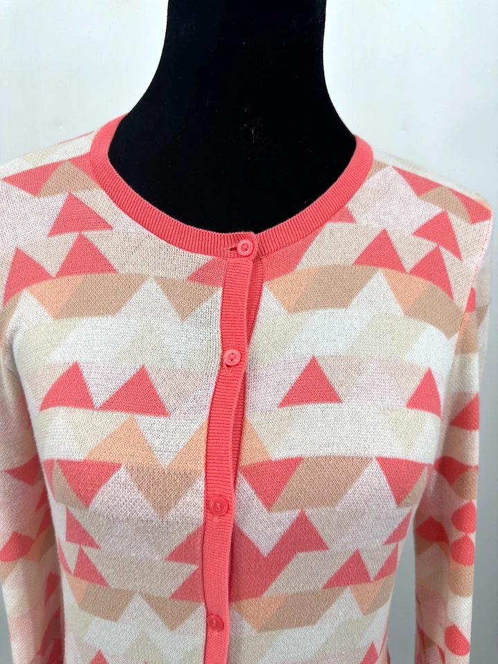 Halogen Womens V-Neck Cardigan Sweater Medium Orange Geometric Print Cotton Knit - Image 3 of 4