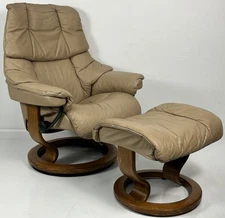 Ekornes Stressless Small "RENO" Sand Leather Swivel Recliner Chair & Ottoman
