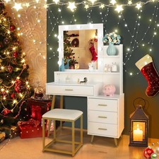 LED Vanity Desk with Four-Drawer Mirror and Stool
