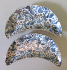 Lefton China Blue Paisley 2 Vintage Bone Dish Crescent Shape Tidbit NE 2347