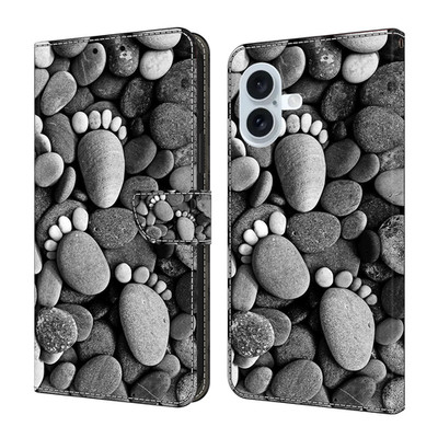 For Various Phone Card Wallet Case Bag Flip Stand Cover Magnetic Stone Footprint