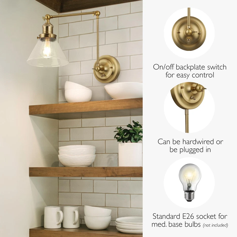 Augustin Wall Sconce, 1-Light, Swing Arm, Seeded Glass, Hardwire/Plug-in Easy... - Image 3 of 4