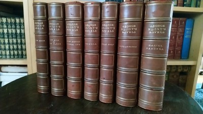 ANTIQUE 1875: Works novels of George Eliot 7 vol leather complete