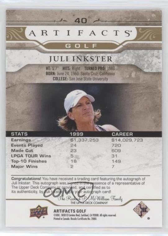 2021 Upper Deck Artifacts Gold Spectrum Auto /25 Juli Inkster #40 Auto - Image 2 of 2