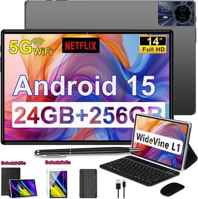 2025 Neu Tablet Android 15 24GB RAM+256GB 8580mAh 14 Zoll 4G LTE 2SIM WlFl GPS