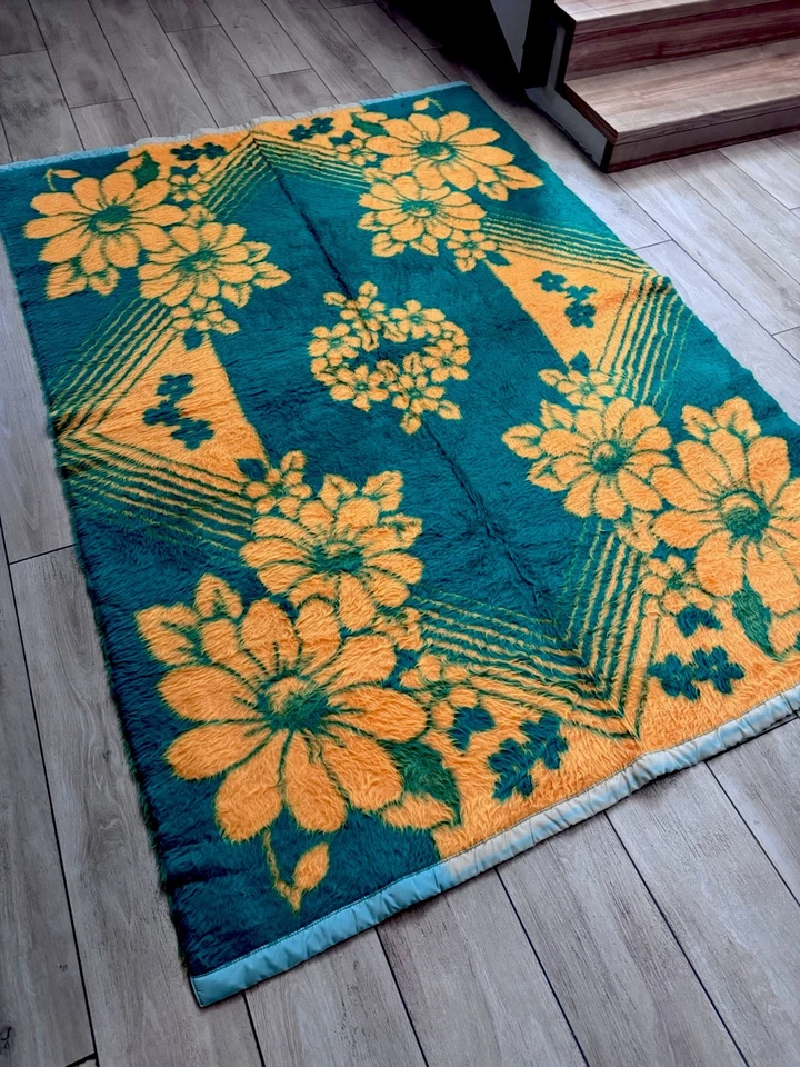 Manta CHORI Japonesa Vintage 150x220cm Verde Naranja Floral Acrílico Años 70 ... - Imagen 2 de 4