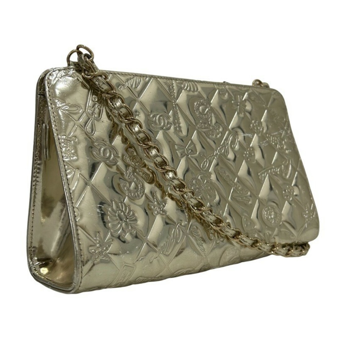 CHANEL Gold Patent Leather Shoulder Bag Clutch with Embossed Symbols Chain Includes Gift Card-image