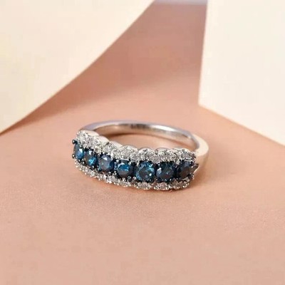 14K White Gold Plated 2Ct Round Cut Lab Created Blue Topaz Engagement Band