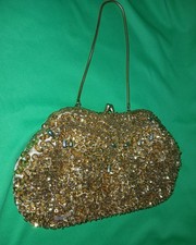 Vtg Bon Soir Gold Sparkly Beaded Clutch Purse 