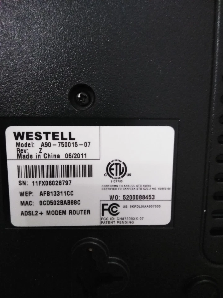 Westell INC. ADSL2+ MODEM ROUTER A99-750015-00 With Power Adapter - Image 2 of 4