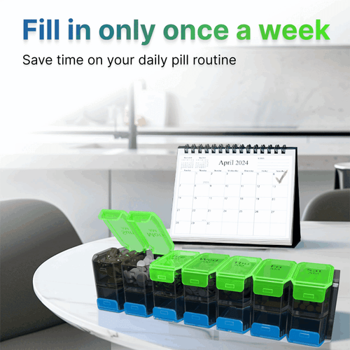 Extra Large Weekly Pill Organizer 2 Times a Day Green Blue XL Pill Case Am Pm - Picture 4 of 7
