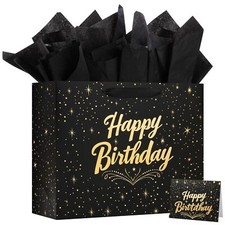 Large Happy Birthday Gift Bag with Tissue Paper and Greeting Card Black Gift ...