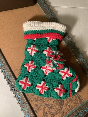 Vintage Hand Crocheted Red White Green Granny Square Christmas Stocking 11 
