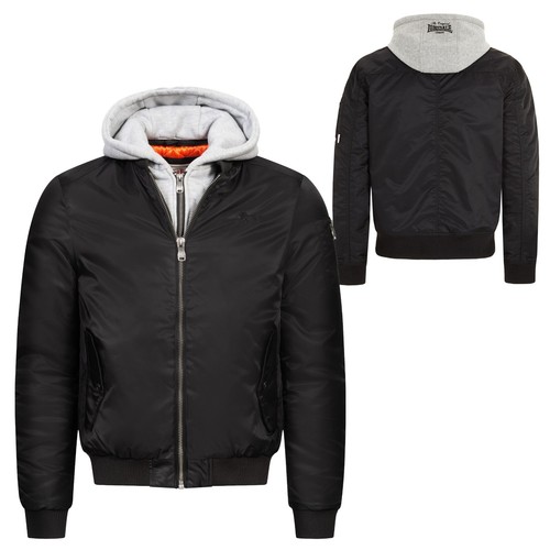 Lonsdale Flight Bomber MA1 Jacket Black Detachable Hood Bomber Jacket Slim Fit - Picture 1 of 12