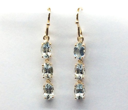 E100- Genuine 10K Yellow Gold Natural Aquamarine Journey Drop Earrings - Picture 4 of 4
