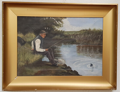 Nr.: 1147 Ölgemälde mit Rahmen Malerei Oil Painting Landschaft See Mann Wald