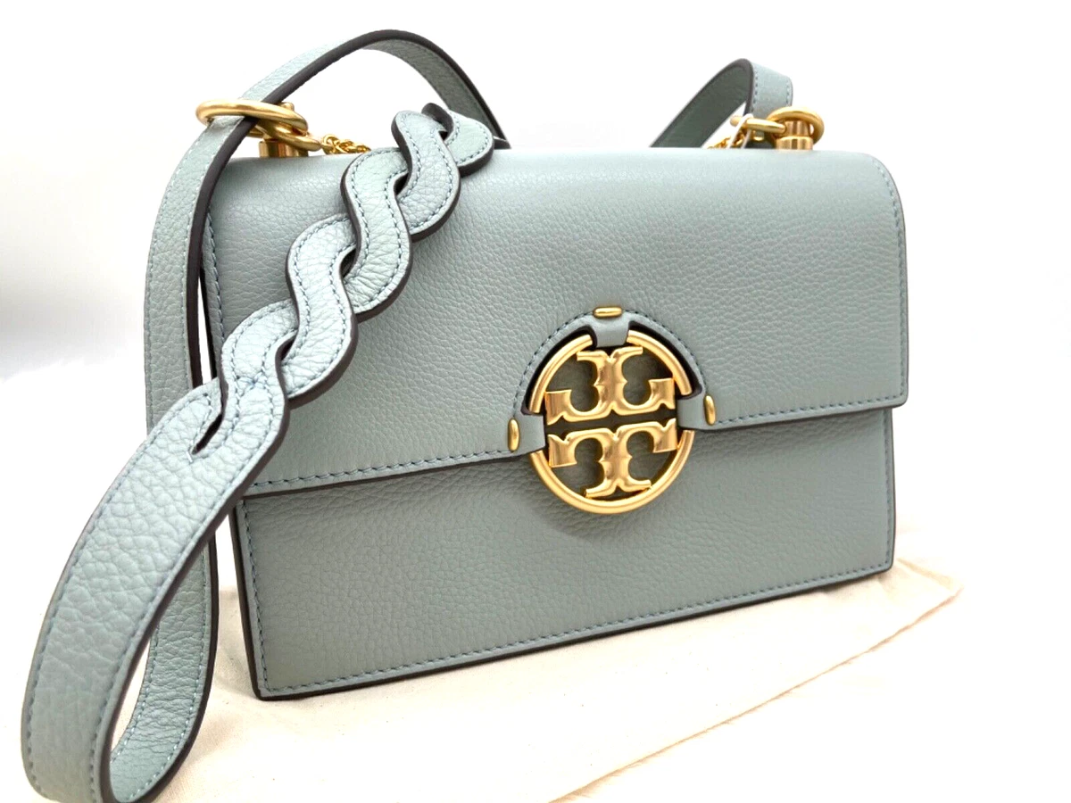 AUTH NWT Tory Burch Miller Pebbled Leather Suede Shoulder Bag Blue Celadon