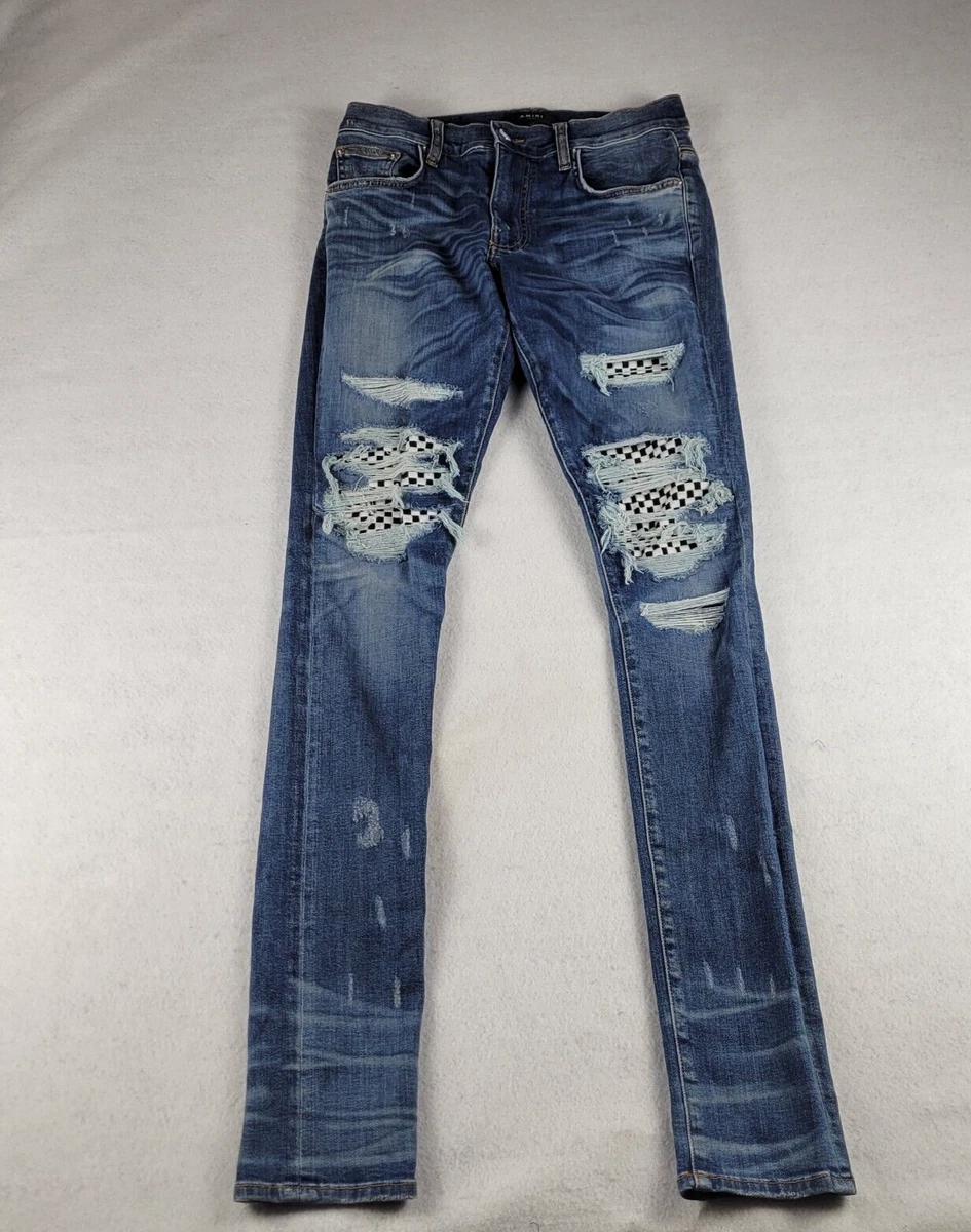Amiri Jeans Adult 29 Blue Denim Distressed Biker Patch Skinny Stretchy Mens