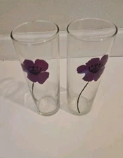 Anchor Hocking Tom Collins Glasses Featuring Purple Poppy Flowers  - Set of Two