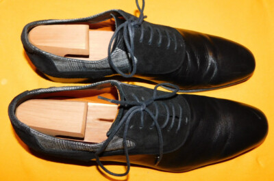 ETRO MILANO BLACK LEATHER/SUEDE/FABRIC CHECK COMBO OXFORD SHOES SIZE 11/E.U.44.