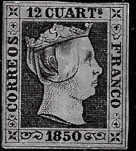 1850 SPANIEN nicht gelistet Isabella II nicht akzeptiert schwarz Essay Dicke 0,14 mm MH NG - Bild 1 von 4