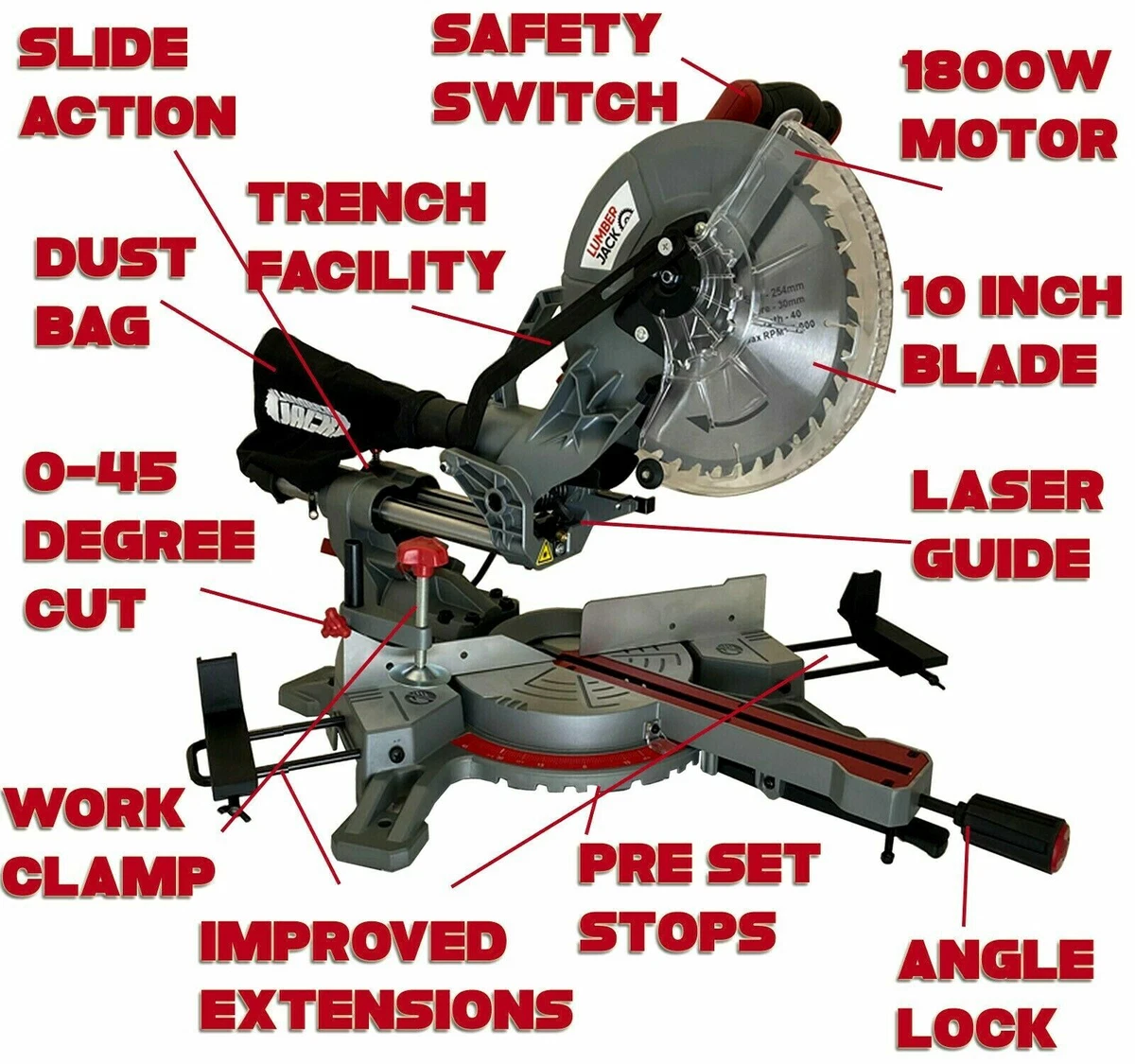Mitre Saw 254mm Sliding Compound 45 45 Bevel Cut with Laser Guide 1800W 240V