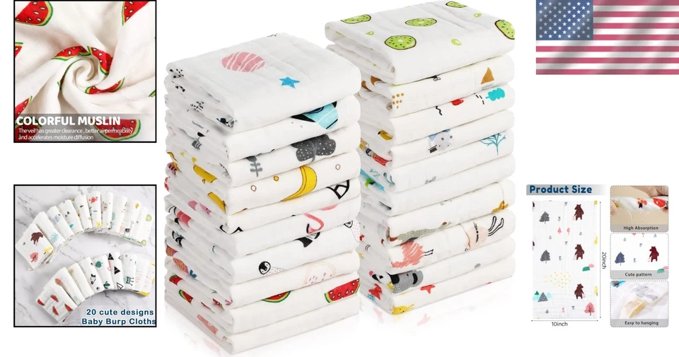 Paquete de 20 trapos de muselina extra grandes para bebé - 20 x 10 pulgadas, súper absorbentes Foto 2 de 4