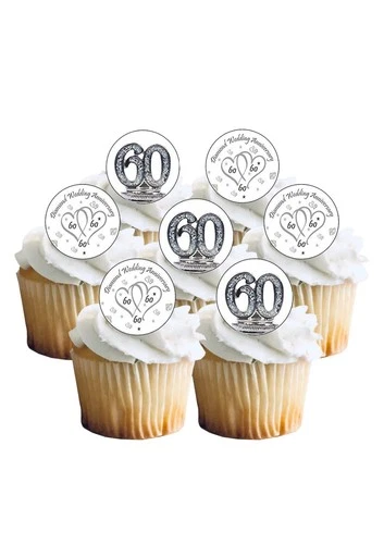 Cake Toppers 60th Diamond Wedding Anniversary 24 PRECUT Edible Wafer Paper Toppe