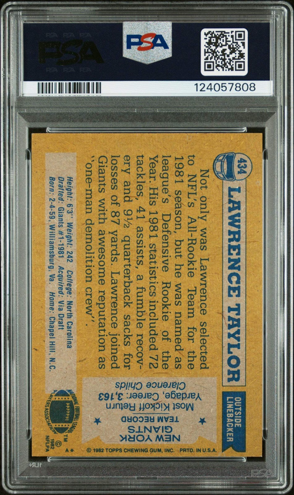Graded 1982 Topps Lawrence Taylor #434 Rookie Signed Card PSA 6 Card Auto AUTH view 2