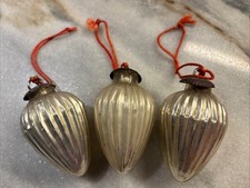 Set Of 3 VTG Silver Mercury acorn Glass With Iron Cap Kugel Style Ornament 3.25  