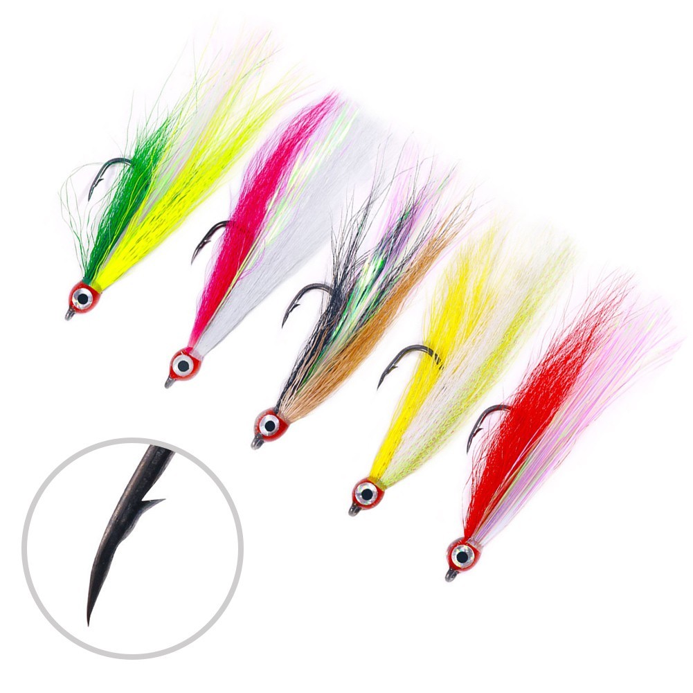 colored hooks for fishing Vibrant Colors Fishing Bucktail Teaser Hooks with Feather Skirt Set of 5