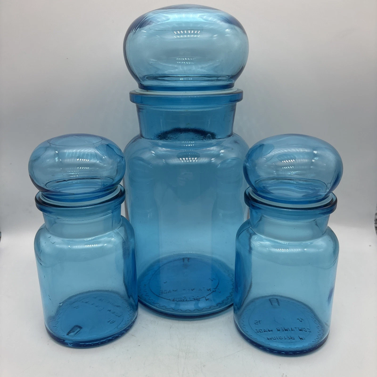 Vtg Set of 3 Belgium Blue Glass Canisters Container Bubble Lid Apothecary Jars