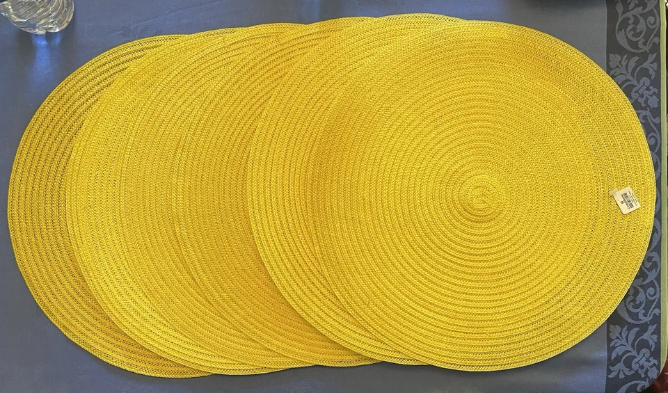 Set of 6 Crate & Barrel 15" Round Ratan Yellow Placemats Never Used With Tags - Image 3 of 4