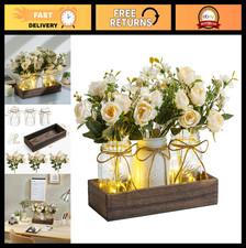 3 Pcs Mason Jar Centerpiece Decor with Wood Tray LED Lights for Dining Room, K