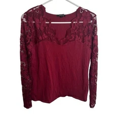Ambiance Women’s Size Large Long Sleeve Blouse Burgundy Lace Yoke Sleeve Scallop