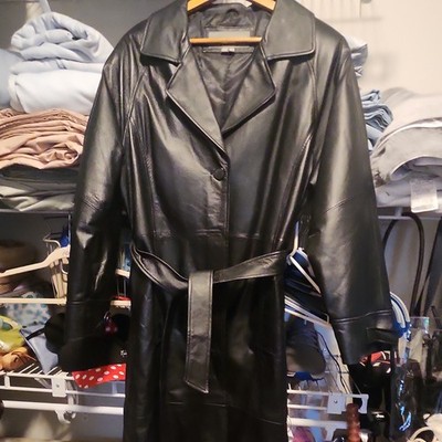 Women's Black Trench Coat Long Belted Button Front Long Sleeve Size M