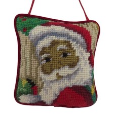 Santa Claus Papa Noel Wool Needlepoint Red Velvet Door Hanger Ornament Christmas